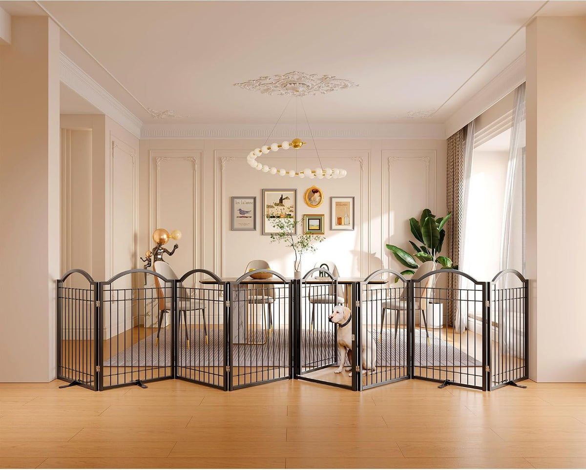 BHG Metal No-Assembly Freestanding Dog Gate with Door Walk Through - Black / 8 Panels