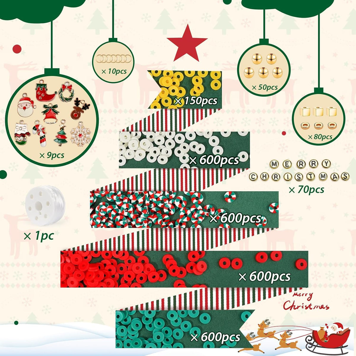 Gionlion Christmas clay bead bracelet kit with red, green, white and gold beads - view 16
