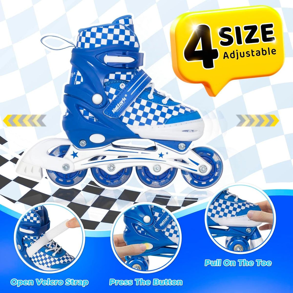 Nattork adjustable inline skates for kids with light-up wheels and checkerboard upper - view 24