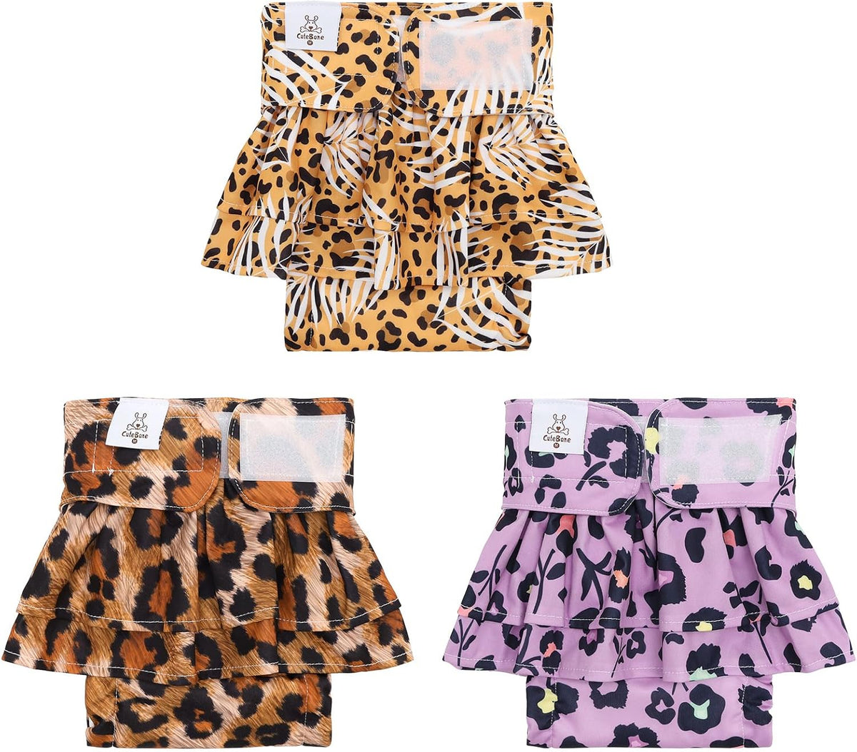CuteBone Female Dog Diapers with Skirts 3 Pack Reusable Puppy Dresses - Color leopard skirts 3pcs / L