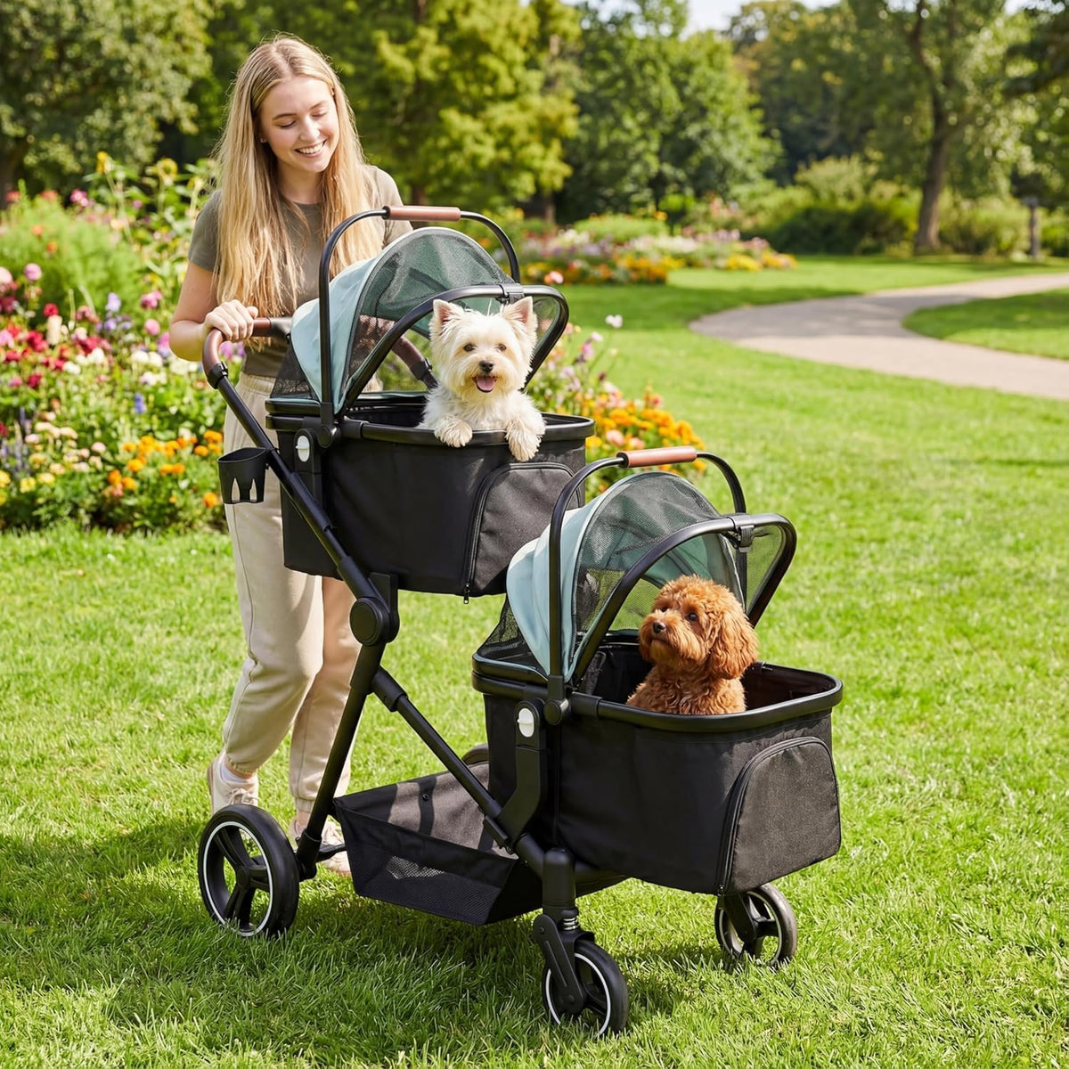 Foldable Double Pet Stroller for 2 Small Medium Cats Dogs – Essentials for Cats - Light Blue / Double - image 2