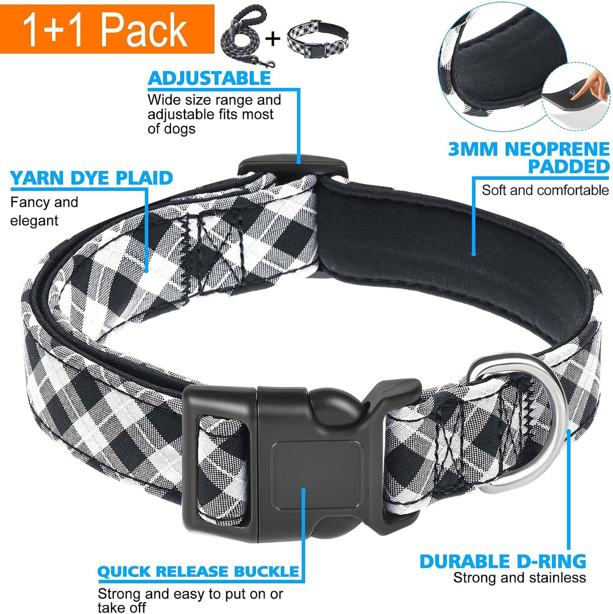 Ladoogo Reflective Dog Collar Padded with Soft Neoprene - Black/White / Medium - image 3
