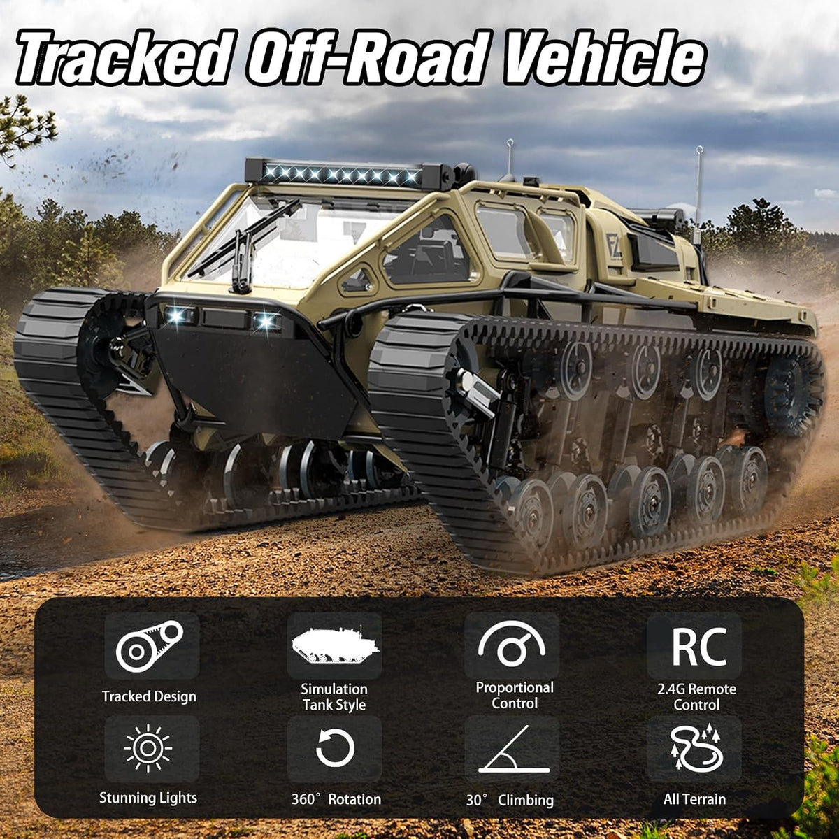 Mostop RC Tank Car, 1:16 Scale 2.4Ghz Remote Control Crawler High Speed Tank, Off-Road RC Tracked - Brown Yellow - image 2