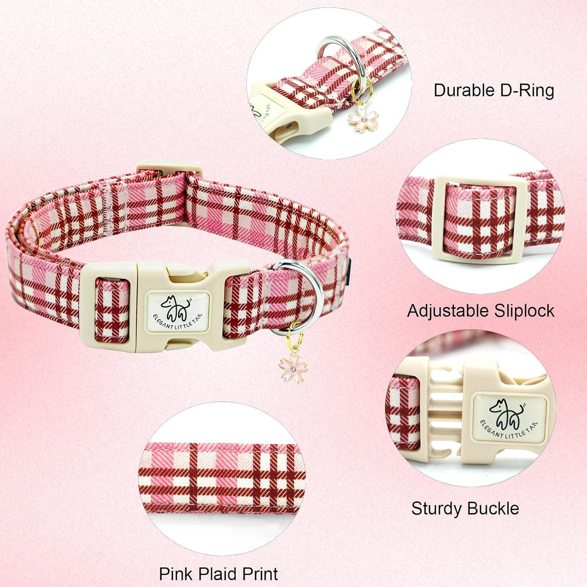 Elegant little tail Dog Collar - Pink Plaid / Small (Pack of 1) - image 2