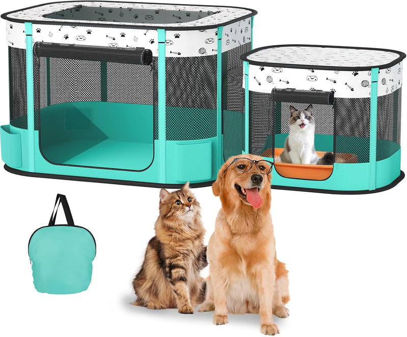 Cat Playpen, Portable Pet Dog Playpen - Green / 32" × 24" × 22"