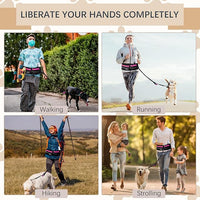 Hands-Free Dog Leash with Pouch, Waist Leash for Walking Two Dogs, Reflective Stitching, Dual Handle, Bungee Retractable for Medium to Large Dogs - Pink,Dog Walking Accessories