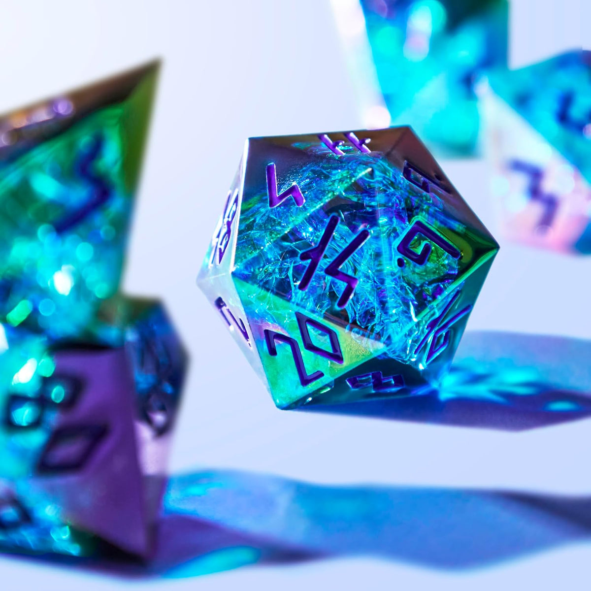 HEIMDALLR liquid core DND dice set in Fenrir's Shadow with glowing LED display box - view 16