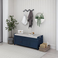 Storage Bench with 3 Shutter-Shaped Doors, Pine Wood Shoe Bench with Removable Cushion and Hidden Storage Space for Entryway Living Room 43.5" L * 16" W * 18" H, Antique Navy