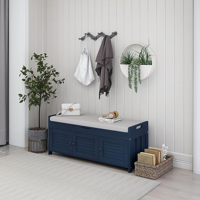 Storage Bench with 3 Shutter-Shaped Doors, Pine Wood Shoe Bench with Removable Cushion and Hidden Storage Space for Entryway Living Room 43.5" L * 16" W * 18" H, Antique Navy
