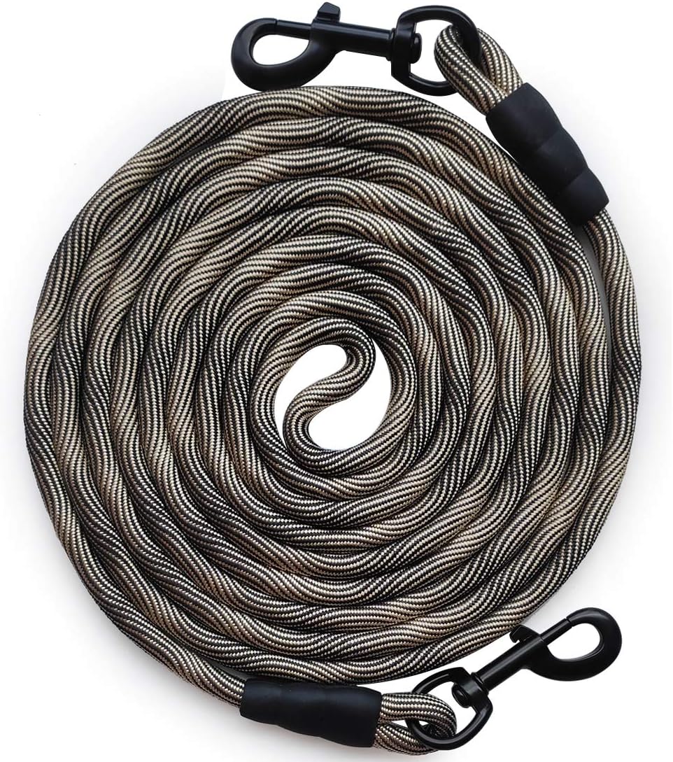 BTINESFUL 8/12/20/30/50/75ft Dog Tie-Out Long Tether Rope Dog Lead - Beige Black / 20 Foot