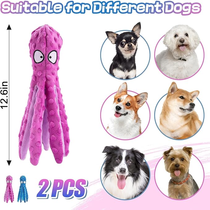 Alphatool Squeaky Dog Toys - 2pcs Soft Plush Chew Crinkle Puppy Toys to Keep Them Busy, Octopus No Stuffing Interactive Essentials for Teething Small Medium Pets Dogs Gifts