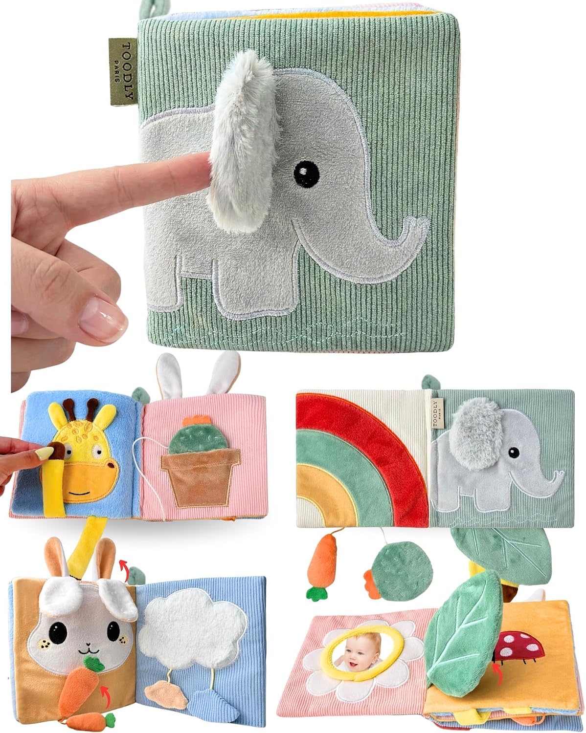 Toodly soft baby book with mirror and crinkle cloth pages for babies 0-18 months