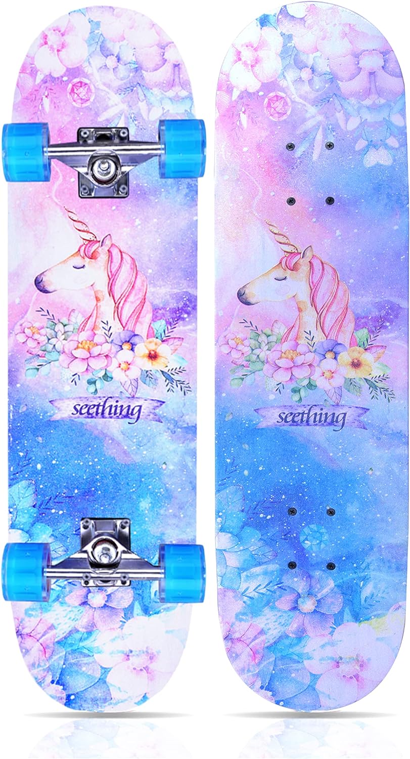 Skateboards for Beginners Kids Boys Girls and Adults, 31''x8'' - Pink Unicorn