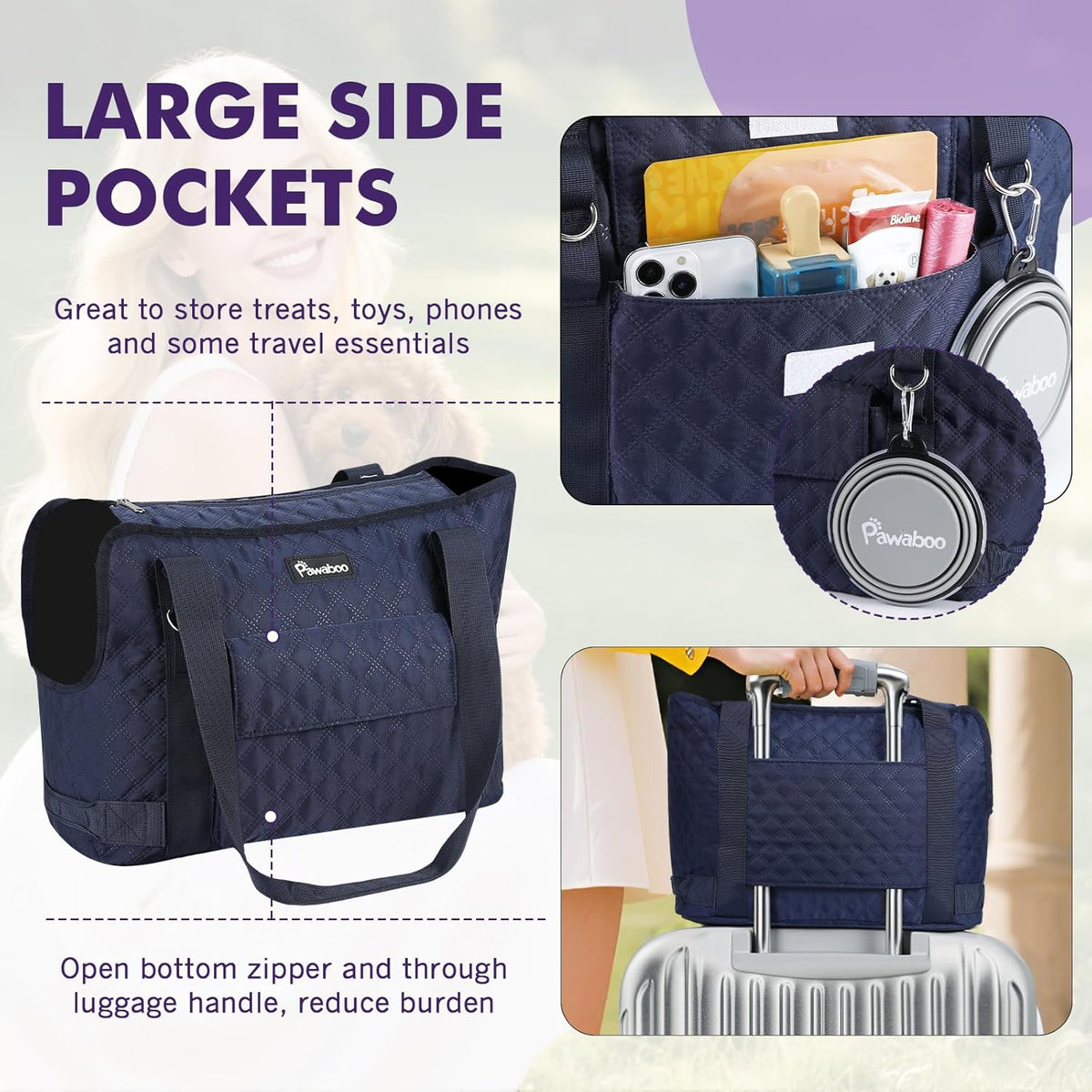 Pawaboo Dog Purse Carrier for Small Dogs with Pocket - A-Navy Blue - image 4