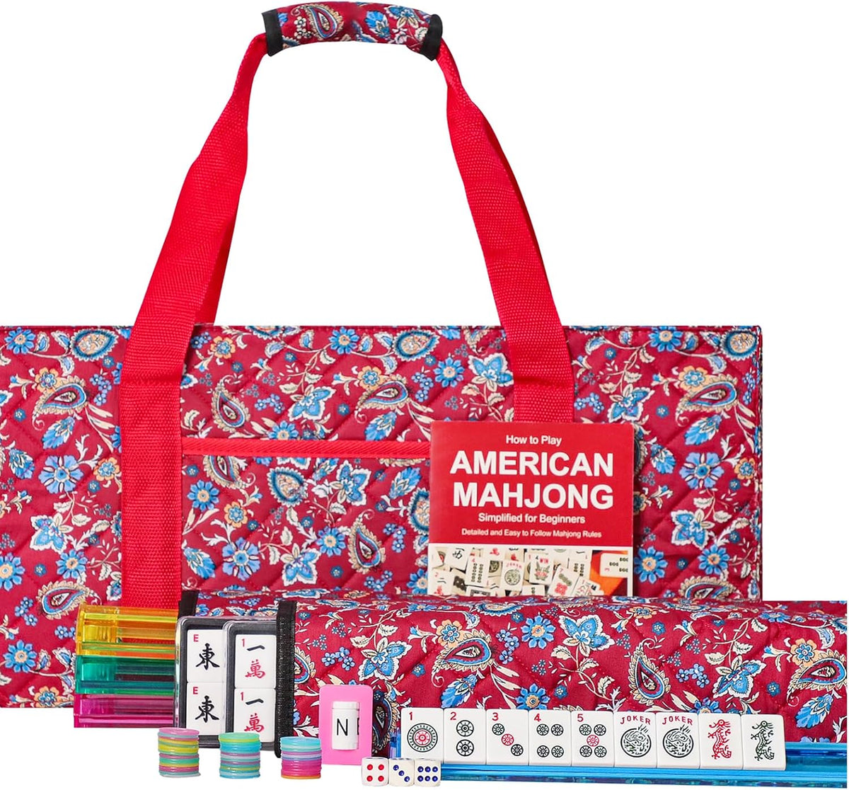Jongyance American Mahjong Set with Blue Carrying Bag - Red