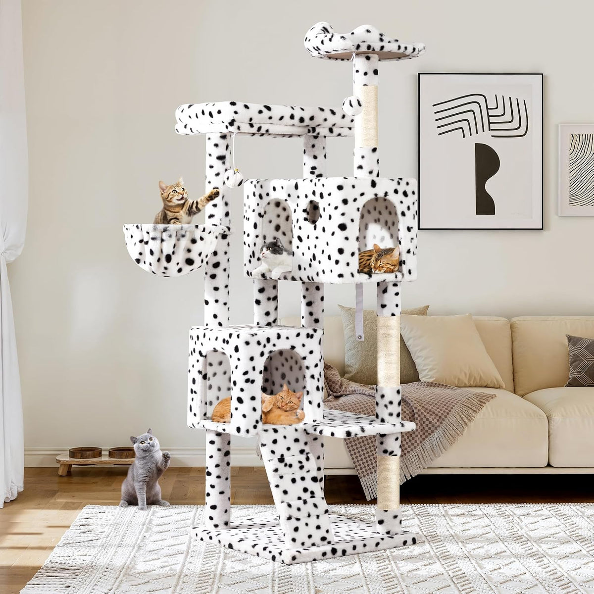 Allewie 64 Inches Cat Tree Tower/Multi-Level Activity Center - White & Black Spot
