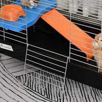 PawHut 35" L Small Animal Cage, Rolling Bunny Cage, Guinea Pig Cage with Food Dish, Water Bottle, Hay Feeder, Platform, Ramp for Chinchilla, Black