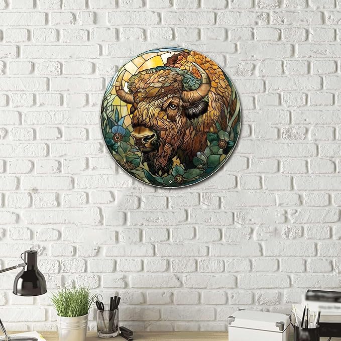 Lygond Aluminum Circular Metal Sign American Bison 12x12 Inches Rustic Modern Style for Office, Garage, Lawn, Parking, Bedroom, Entrance