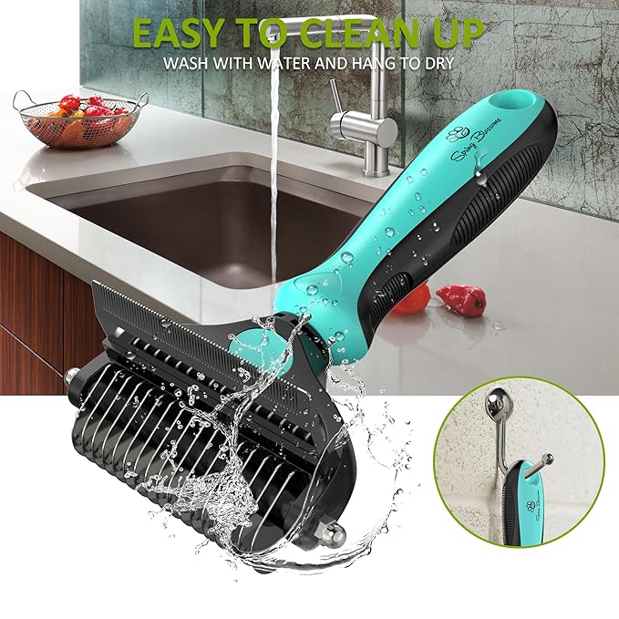 Spring Blossoms-2 in 1 Professional Grooming Rake for Cats & Dogs-Dematting Comb for Easy Mats & Tangles Removing,Pet Brush Safe No More Nasty Shedding and Flying Hair (Cyan)
