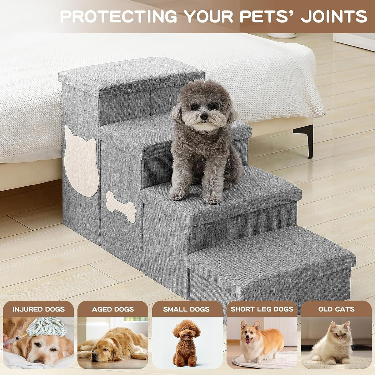 3-Step Dog Stairs for Small Dogs, Folding Dog Steps for Bed - Grey / 4-Step - image 4