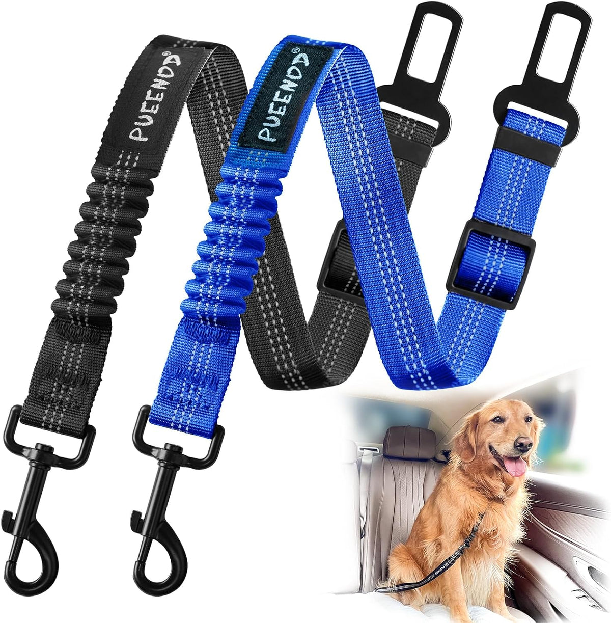 2 Pack Dog Seat Belt Adjustable Dog Car Seatbelts for Vehicle Nylon - Black + Blue