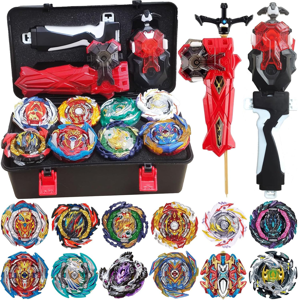 Konikiwa battling tops set with 12 spinning tops, two launchers and storage box