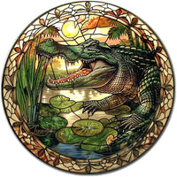 Lygond Metal Sign Tin Sign Circular Stained Glass Alligator Minimalist Wall Art for Home Decor 12×12 Inches