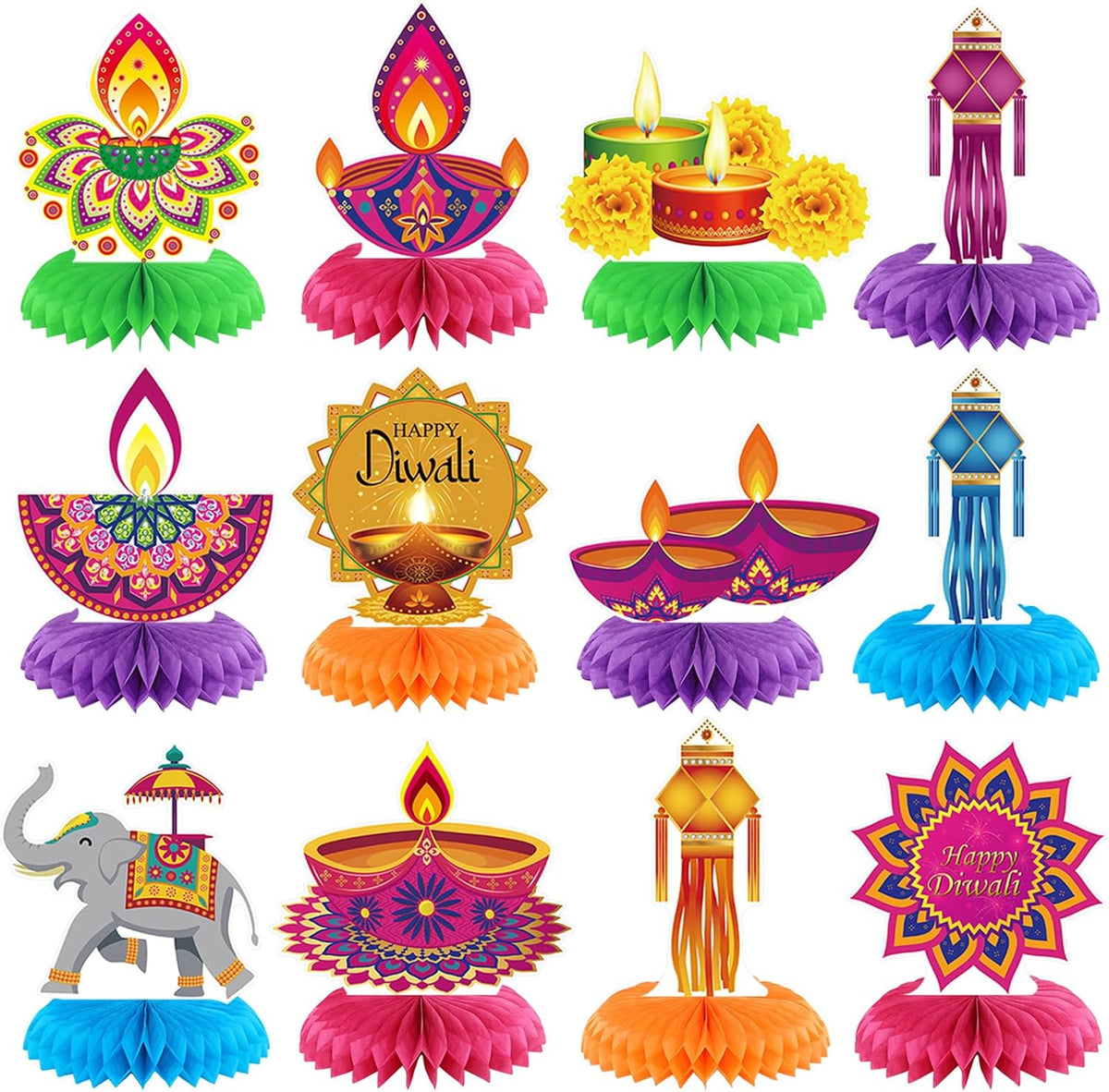 Moinchore 12 Diwali honeycomb table centerpieces with colorful 3D designs - view 10