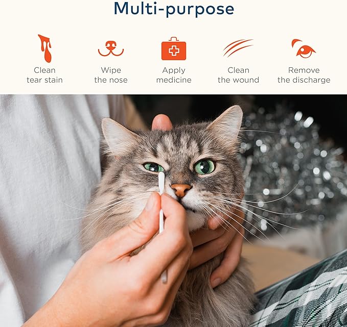Cotton Swabs for Dogs and Cats - Cat & Dog Ear Cleaner Long Cotton Swab - Extra Long Stick, Cat & Dog Ear Cleaning Kit for Puppies and Pets, Multipurpose Pet Cotton Swabs for Ears (100 Buds)