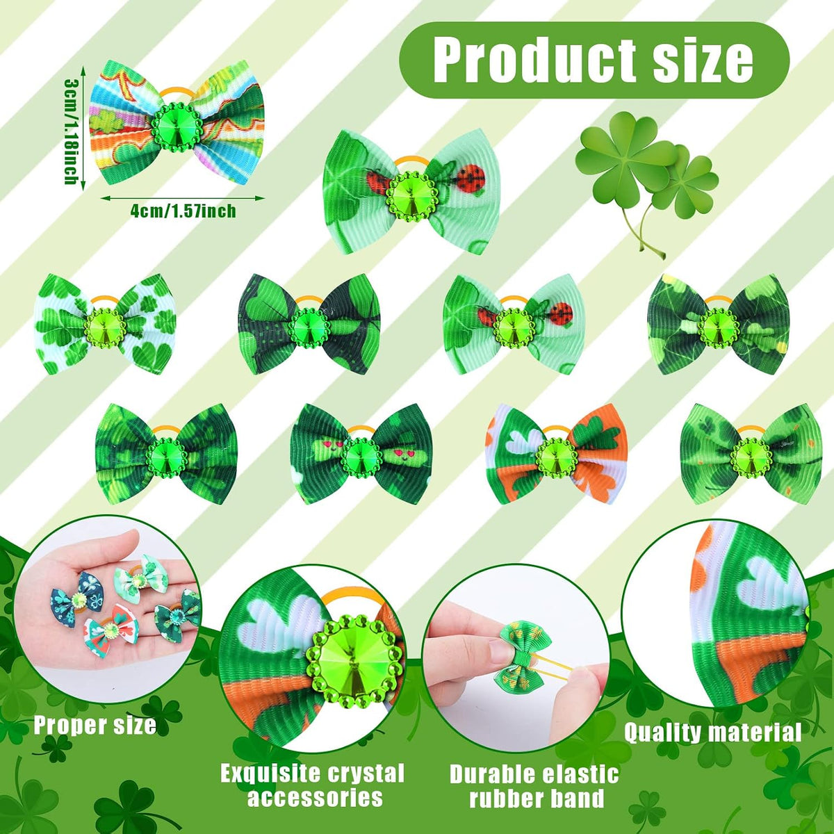 Tondiamo 100 Pack Halloween Dog Hair Bows Ghost Pattern Rubber Bands – Essentials for Dogs - Shamrock Pattern - image 2