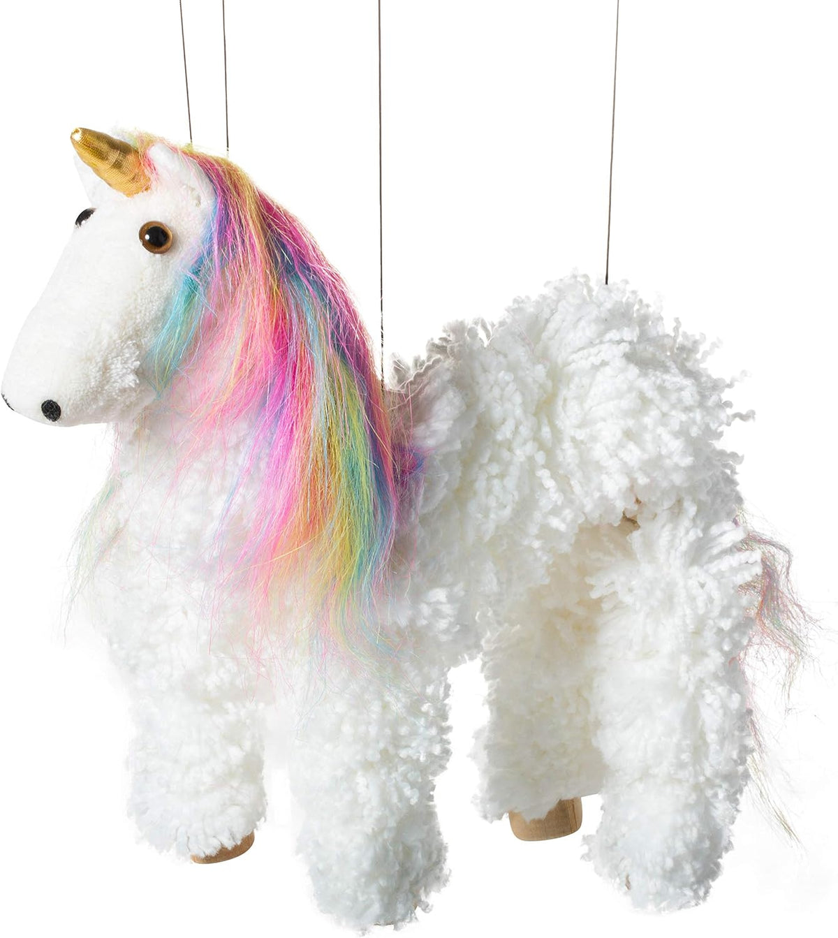Artisan Owl white unicorn marionette puppet with rainbow yarn mane and tail