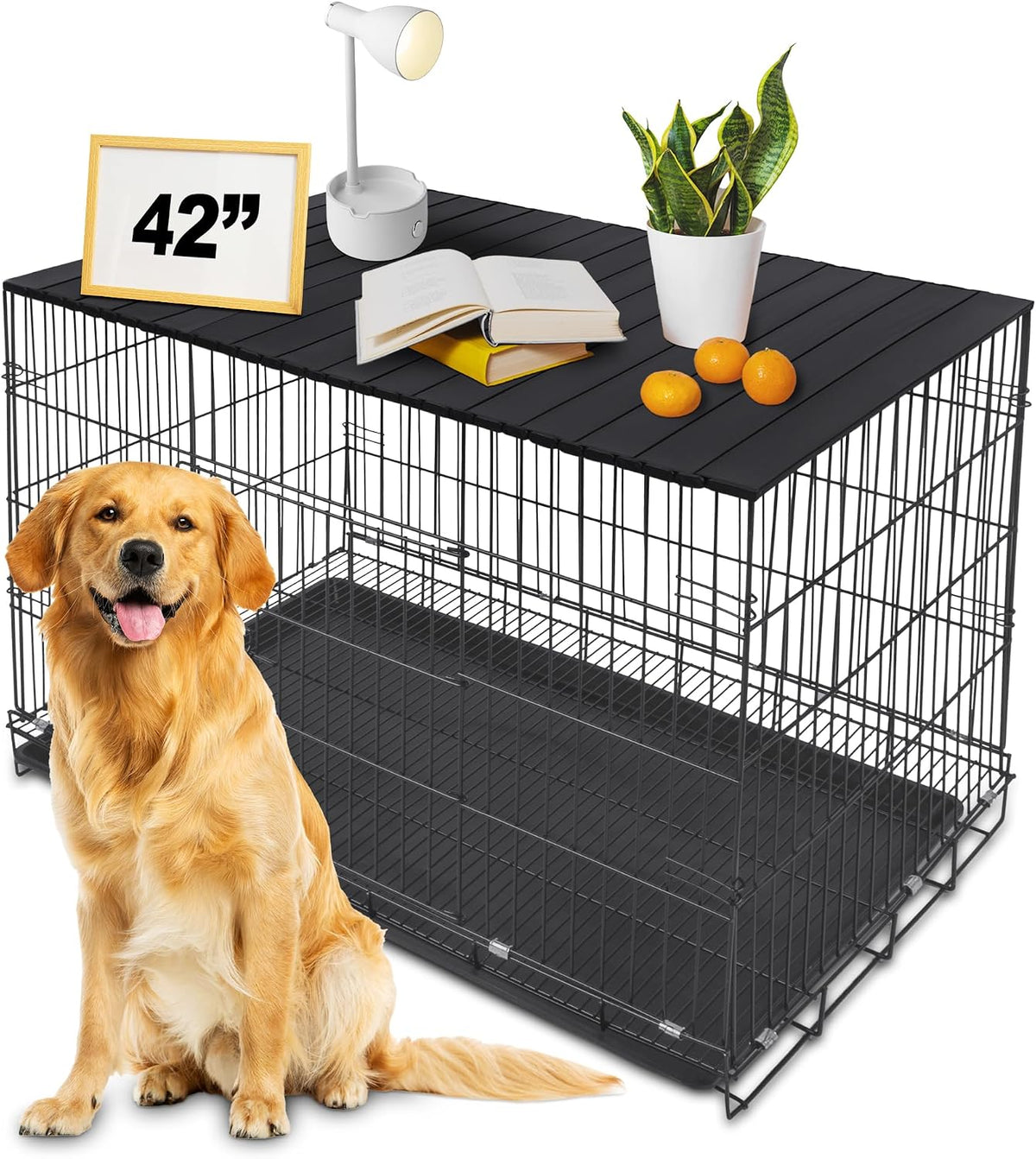 Petmystify black foldable aluminum dog crate topper with magnets, 43.5 by 28 inches