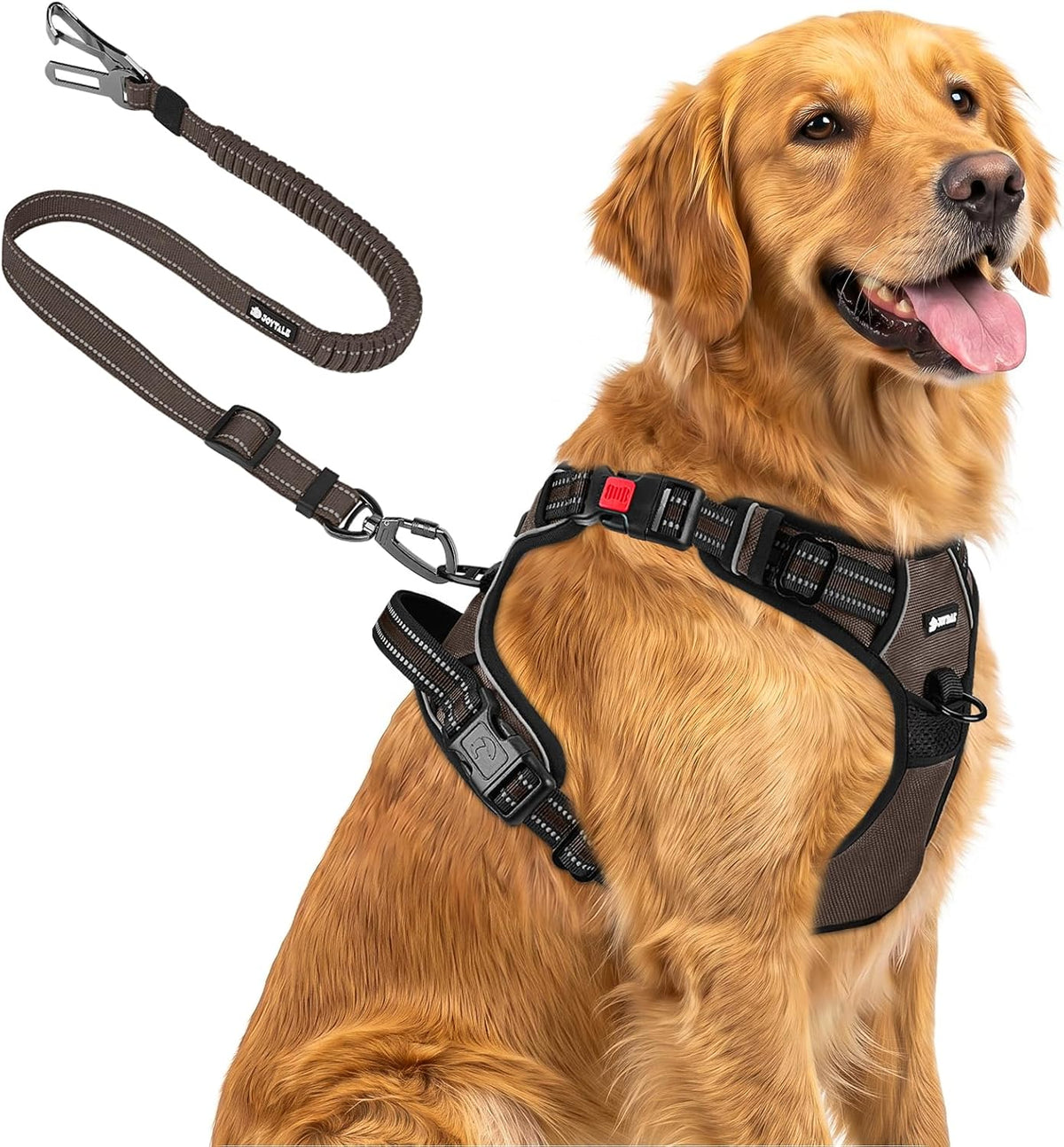 Joytale No Pull Dog Harness & Seat Belt, Easy On 3-Buckle, L - Brown / Extra Large