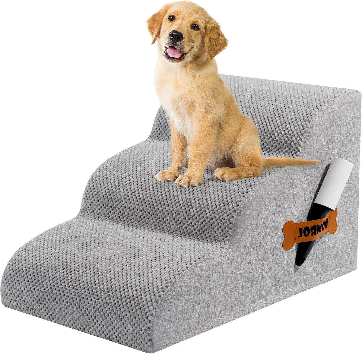 Dog Stairs Ramp for High Bed - 3 Step-15.7"H / Fleece-Light Grey
