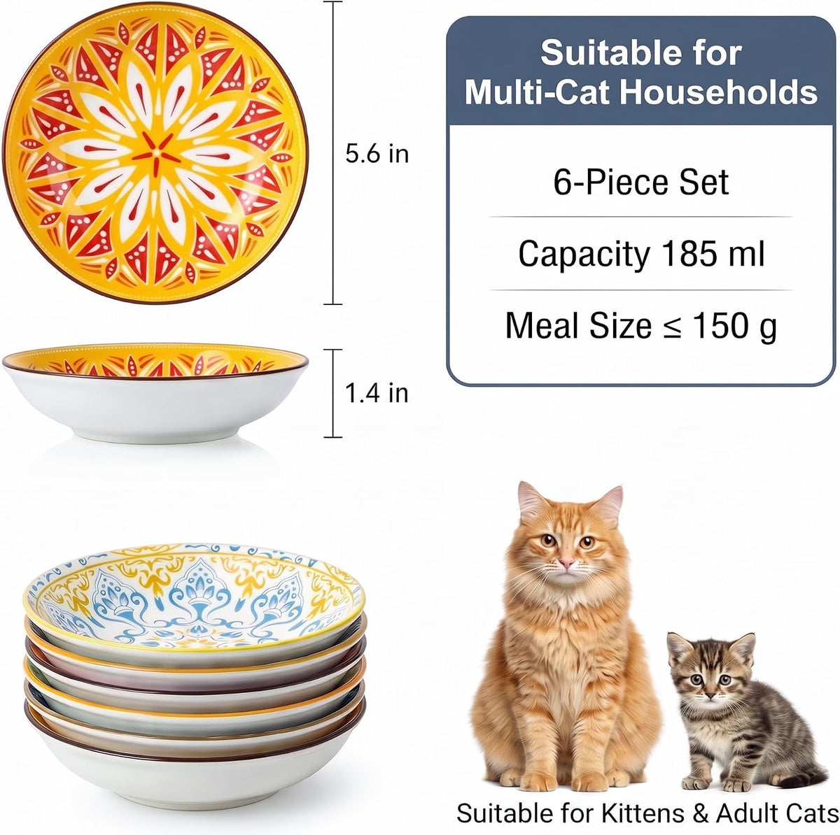 Ceramic Cat Food Bowls 6 Pack - Floral 1 - No Pads - image 2