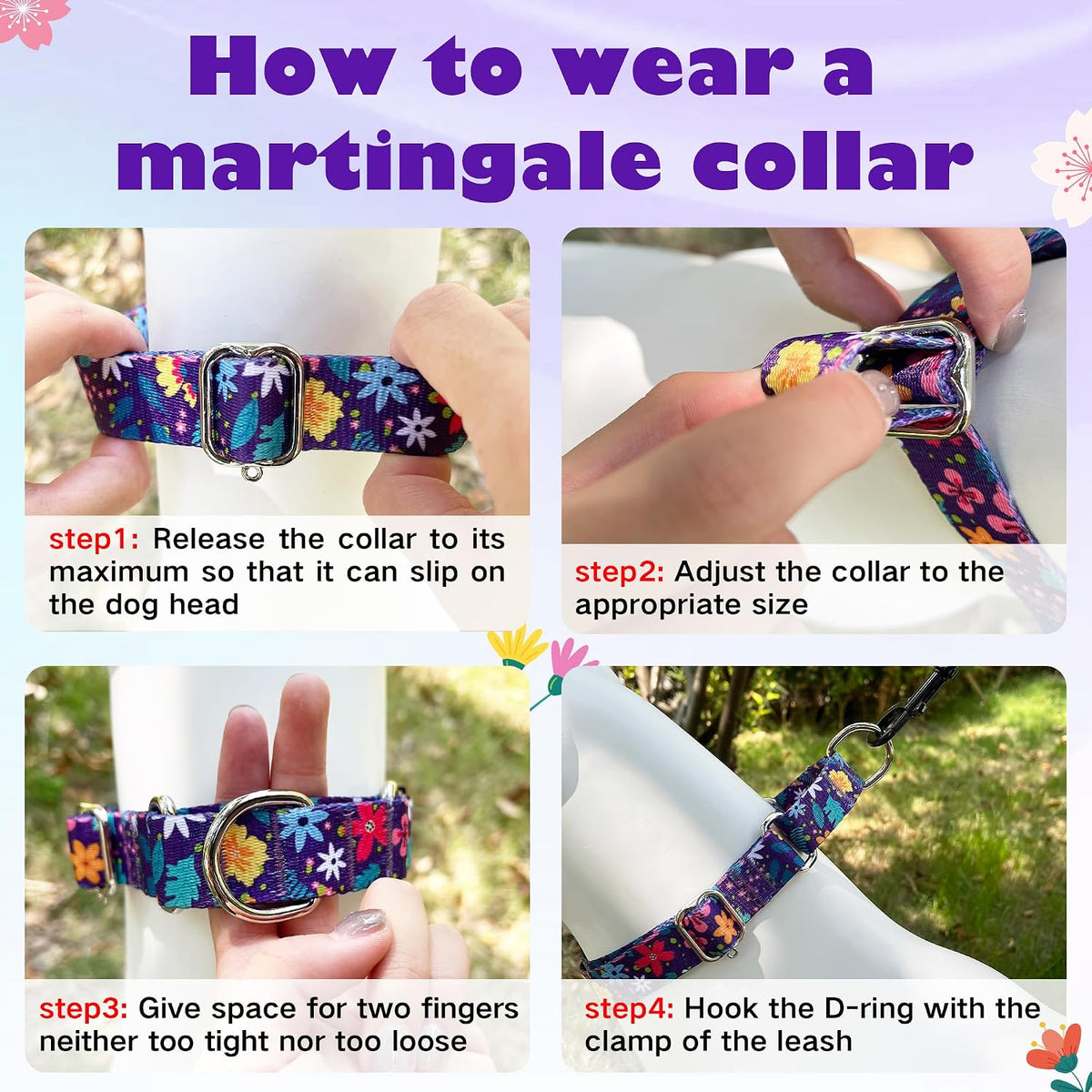 Hikiko Martingale Dog Collar Without Buckle - Colourful Blossoms / Medium - image 2