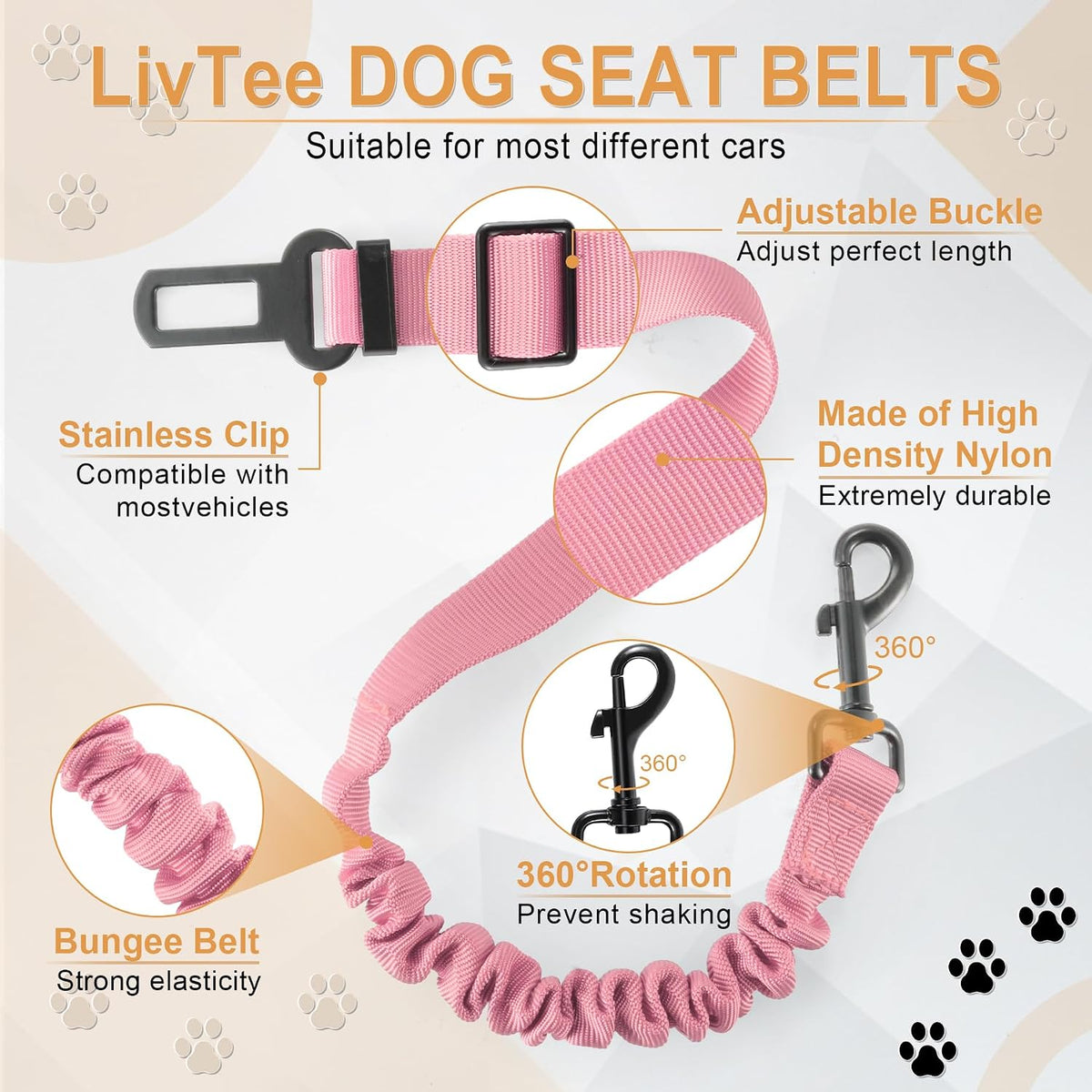 Dog Seat Belt for Car, Retractable Pet Safety Harness - Light Pink-2PCS - image 4