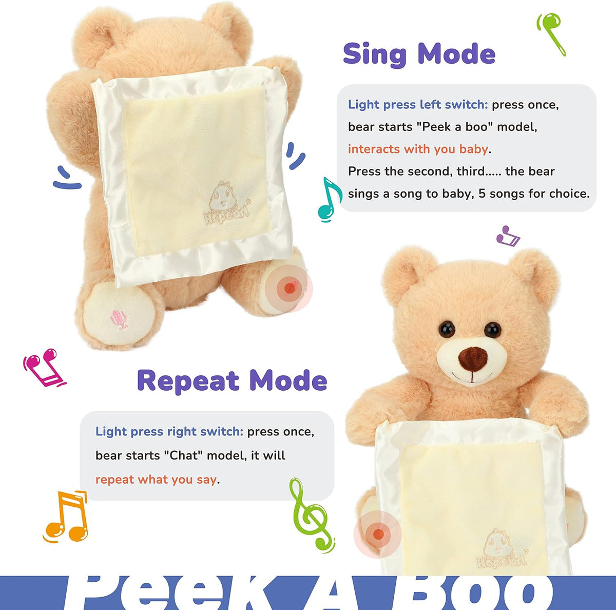 Hopearl Peek A Boo Cow Interactive Repeats What You Say Plush Diary - Bear with Blanket - image 4