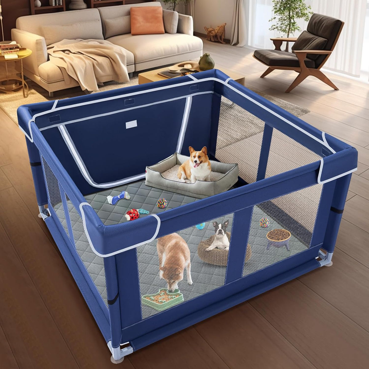 42x42 Inches Puppy Playpen with Gate - Blue / 42x42 IN With Pad - image 3