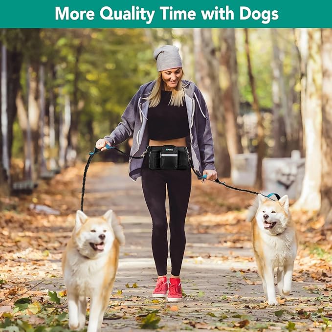 PetAmi Premium Hands Free Dog Leash for 2 Dogs, Adjustable Waist Belt Leash for Dog Walking, Fanny Pack Accessories Bag Dual Bungee Leash for Running, Hiking, Jogging, Biking, Black