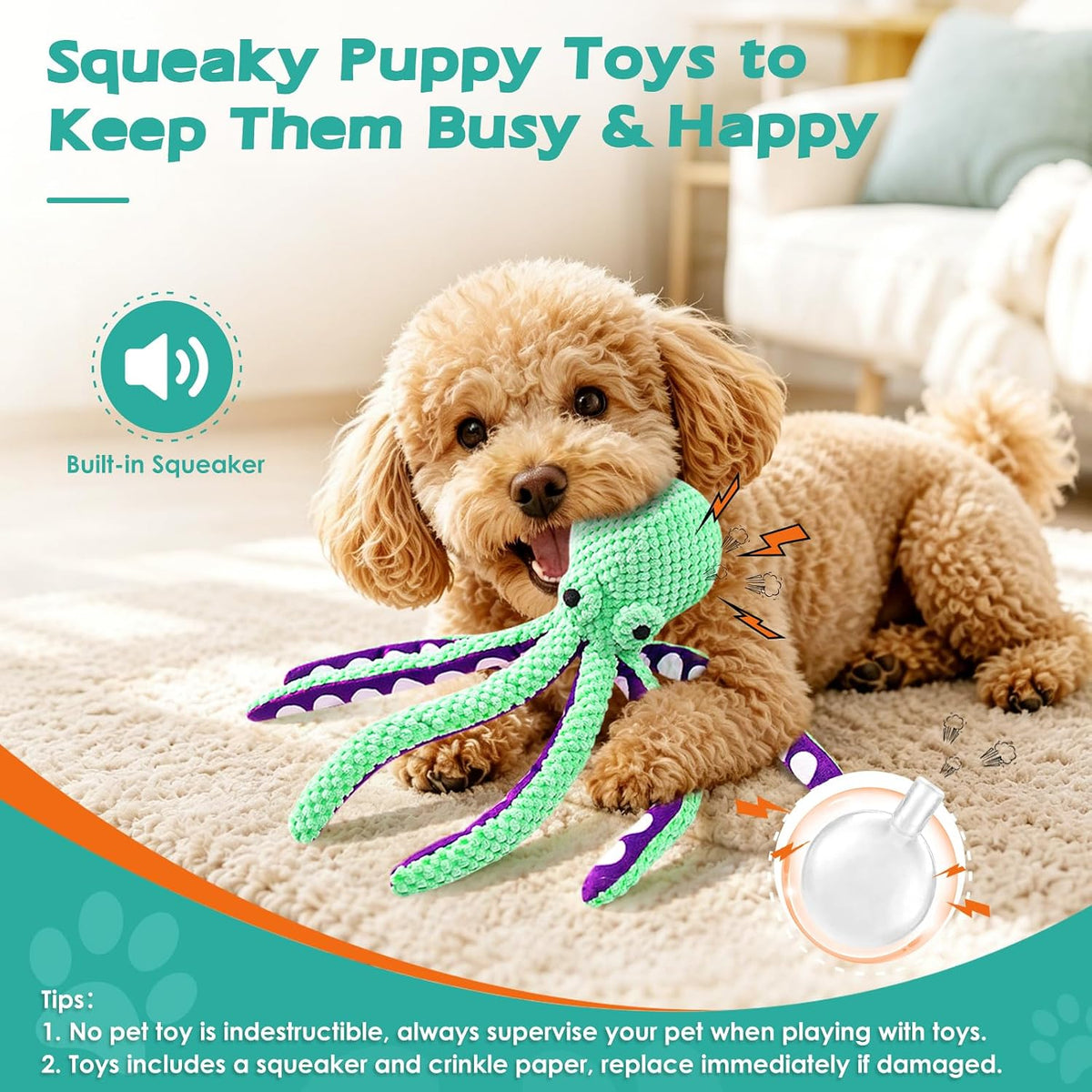 Fuufome Squeaky Dog Toys for Indoor Play with Small - Green - image 3