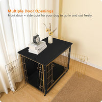 DWANTON Dog Crate Furniture with Cushion, Wooden Kennel Table with Double Doors, Indoor Dog House, Medium Size, 32.5" L, Black+Gold