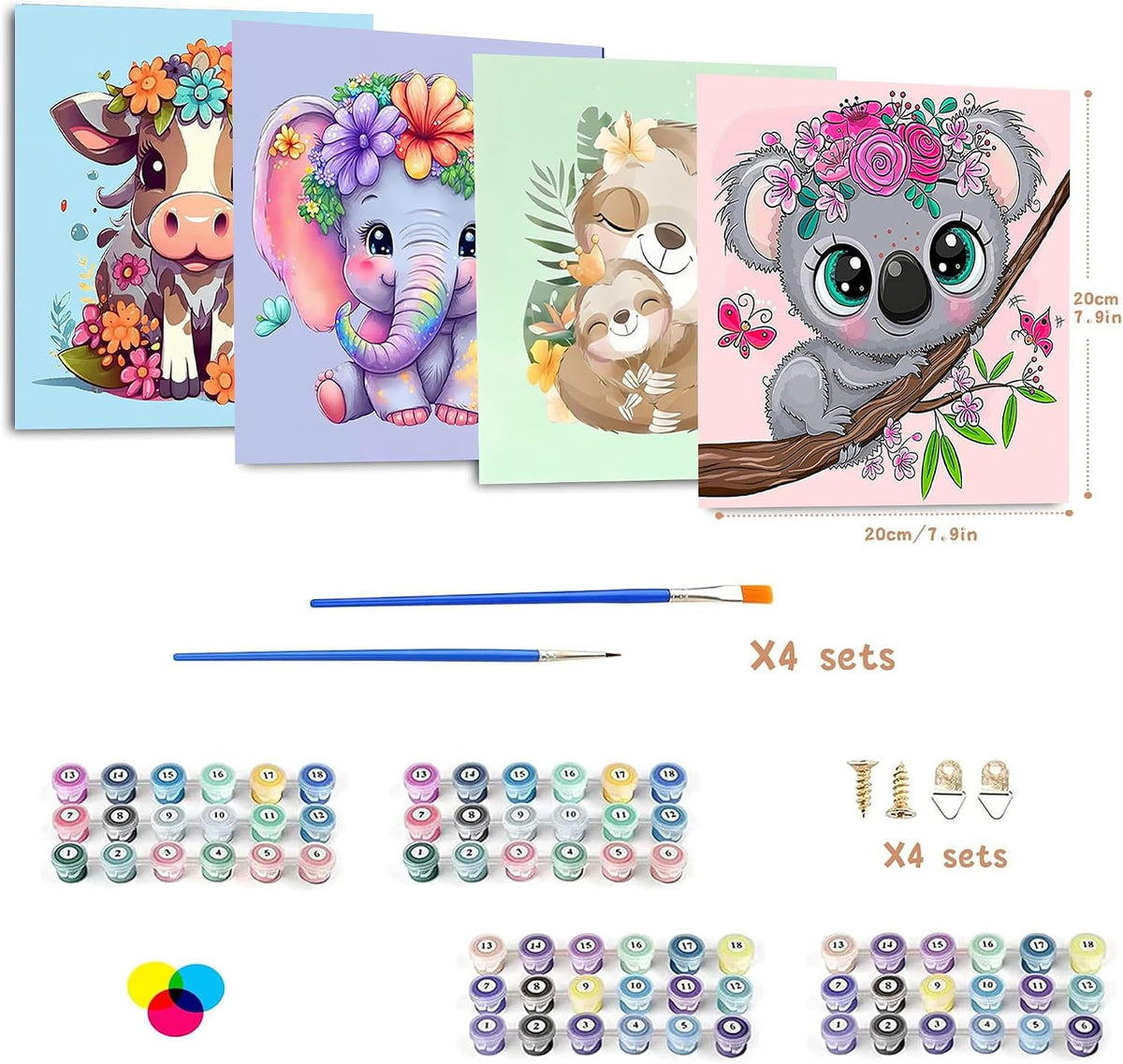 bleihum paint by numbers for kids, 4 pack of 8x8 inch animal canvases with acrylic paints and brushe - view 3