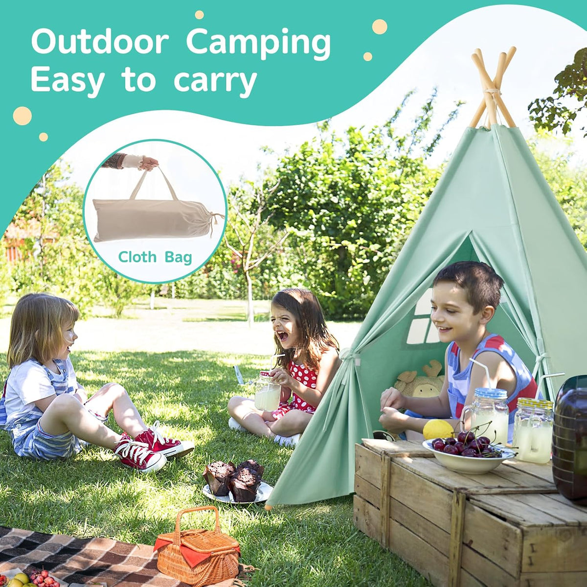 RongFa white canvas teepee tent for kids with wooden poles, flap door and mesh window - view 11