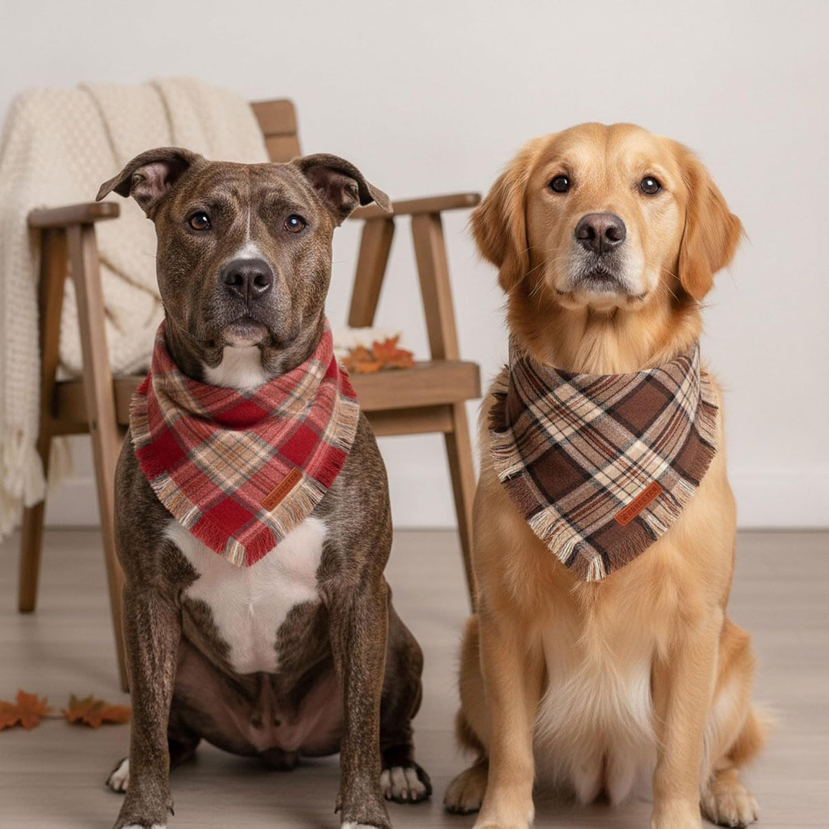 Two red and brown plaid fall dog bandanas with fringe edges, large - view 3