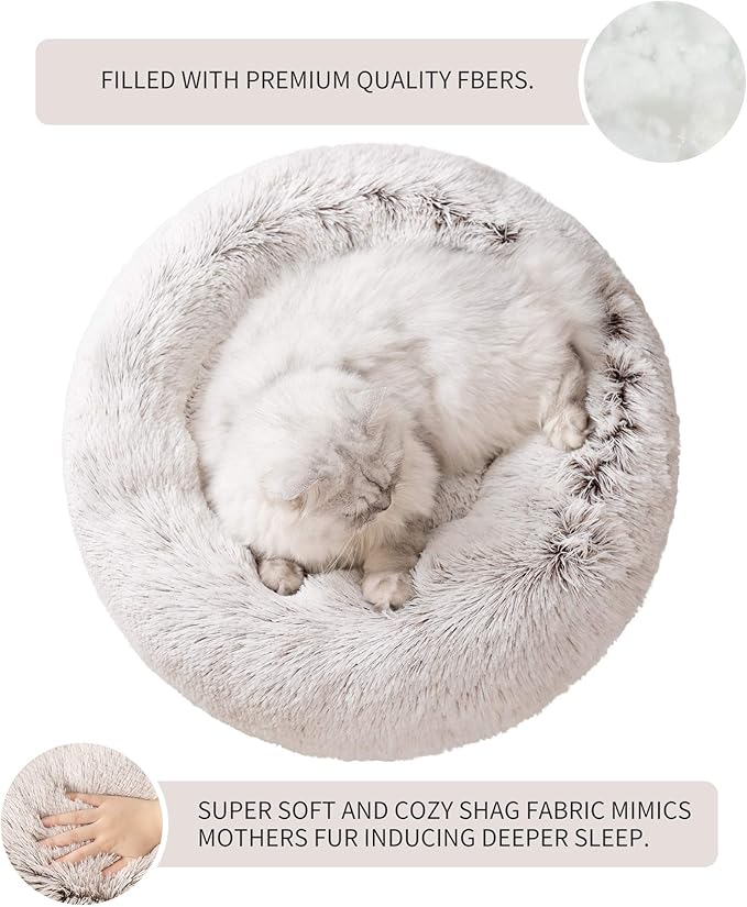 Love's cabin Calming Cat Bed for Indoor Cats,Anti-Anxiety Donut Round Dog Bed,Fluffy Faux Fur Washable Pet Bed for Small Medium Dogs and Cats,Coffee,24in