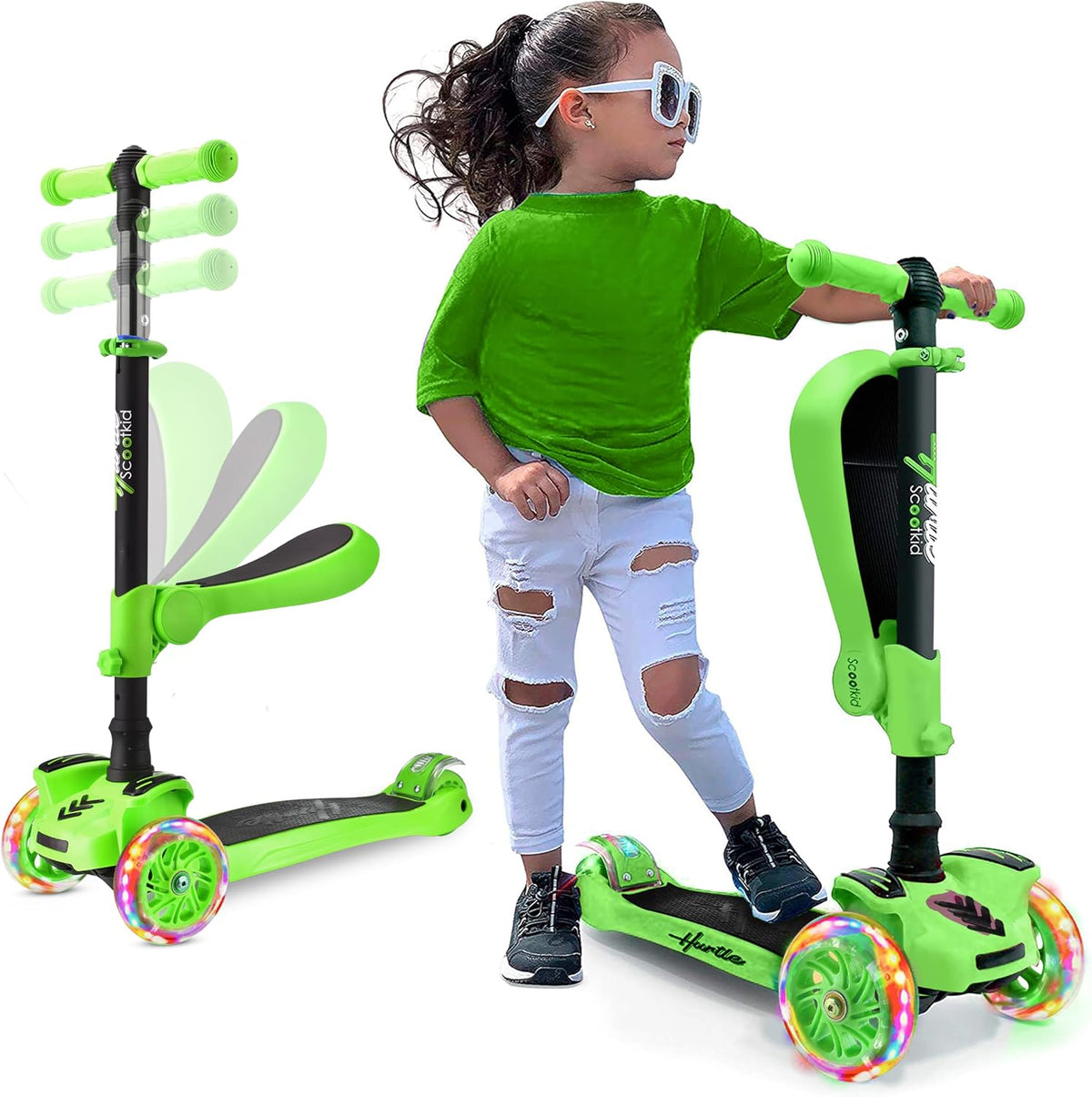 Hurtle 3-Wheeled Scooter for Kids, Wheel LED Lights - Green