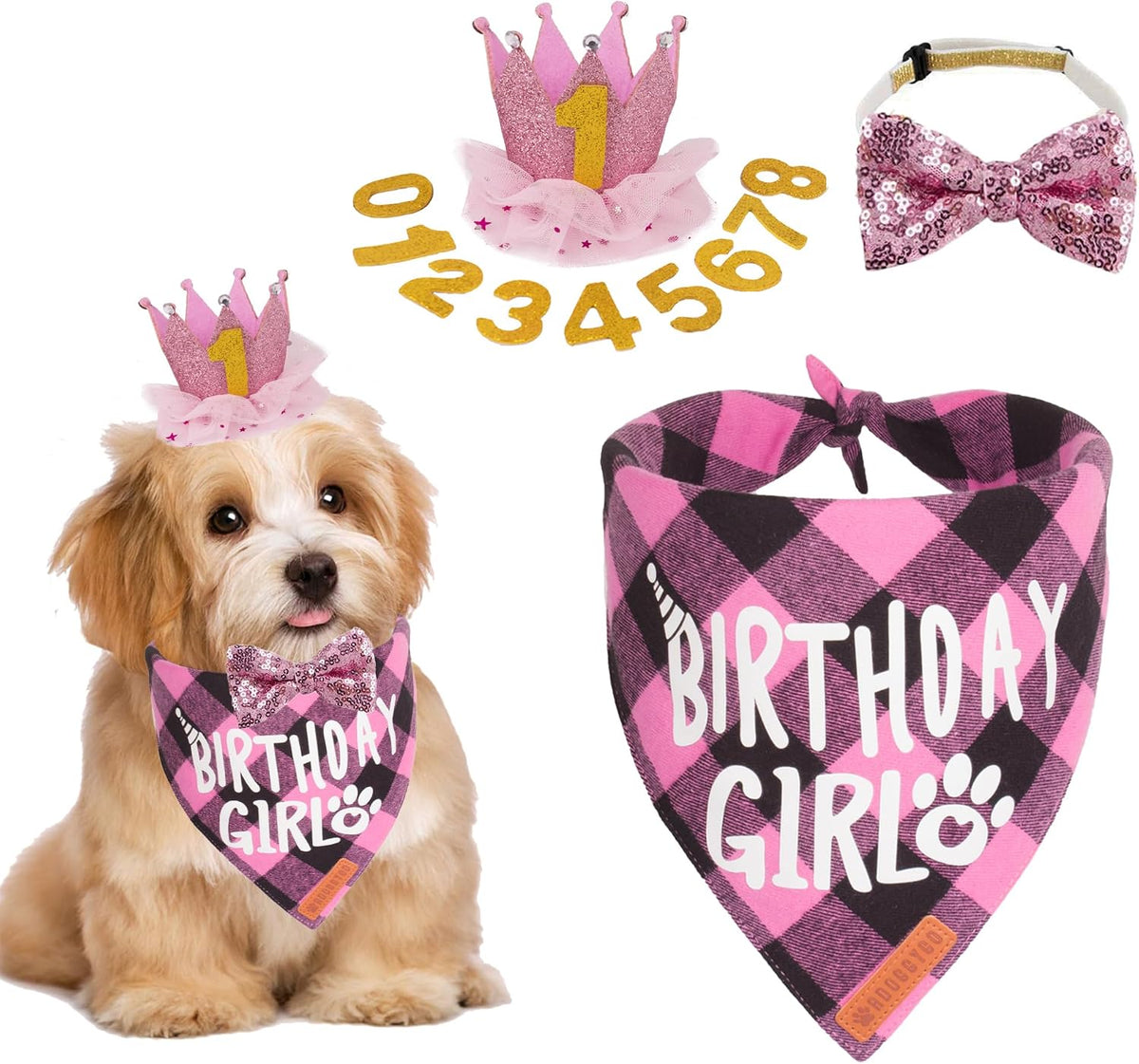 Dog Birthday Hat Bandana Set, Pink Plaid Girl Dog Bandana - Small / Pink