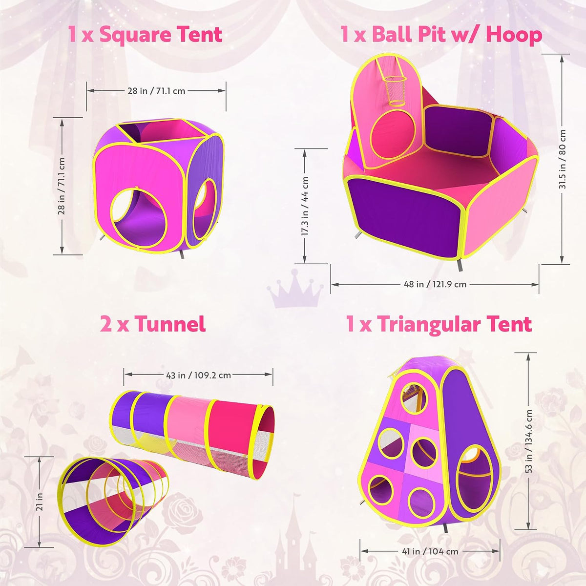 Playz 5pc Pop Up Play Tent and Crawl Through Tunnels for Kids w/Carry - Pink, Purple and Yellow - image 3