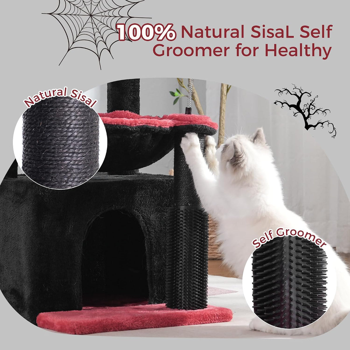 Cat Tree 32” Small Cat Tower with Large Hammock 16”& Self Groomer – Essentials for Cats - Medium-32" / Gothic - image 3